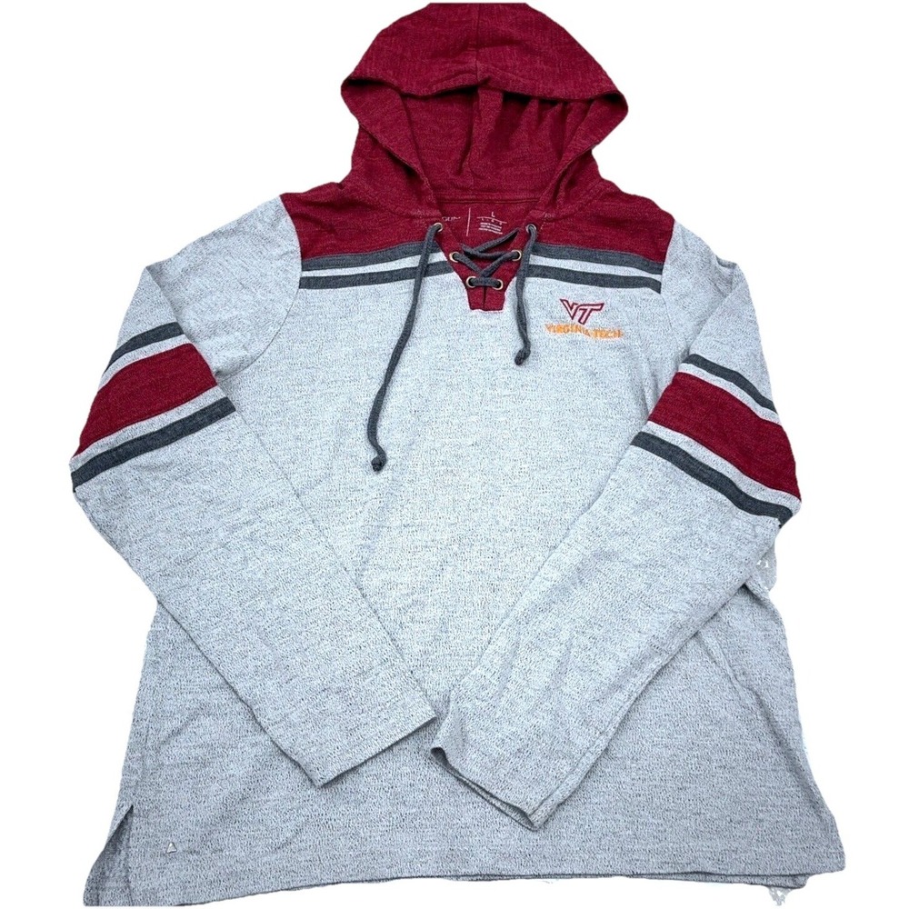 Virginia Tech Hokies Shirt Women Large Gray Maroon Tee Hoodie Laced Neck Thin‎